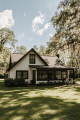 A delightful white house is beautifully nestled among vibrant green foliage, basking under a clear blue sky, with a serene lawn glowing in the gentle afternoon light