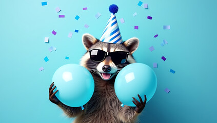 Cool raccoon wearing sunglasses and party hat holding blue balloons with confetti