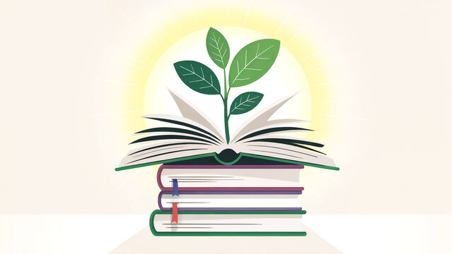 A plant grows from an open book symbolizing knowledge and growth