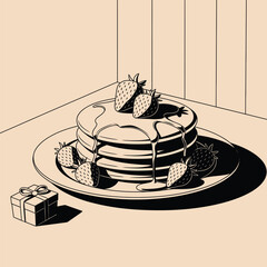 Stack of pancakes with strawberries and syrup