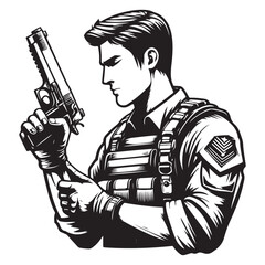 Man in military uniform holding a gun image vector