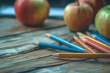 High Detail Visual of Writing Implements and Apple Laid in Random Way