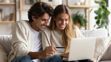The couple enjoying online shopping together on a laptop at home