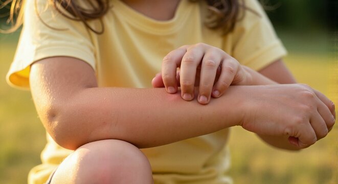 Young girl scratching itchy bug bite on arm in outdoor setting  