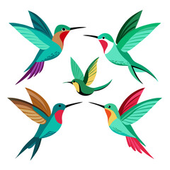 A vibrant collection of stylized hummingbirds in flight showcasing a variety of colors and wing patterns against a clean white backdrop creating a cheerful and