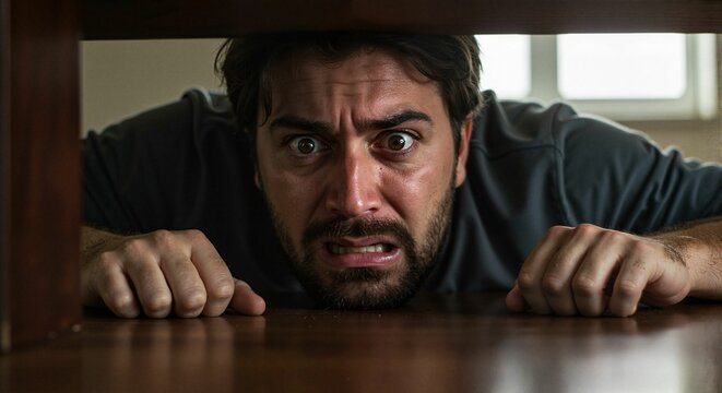 Man hiding under desk in fear with anxious expression indoors  