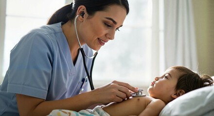 Female nurse examining young child with stethoscope in clinic  