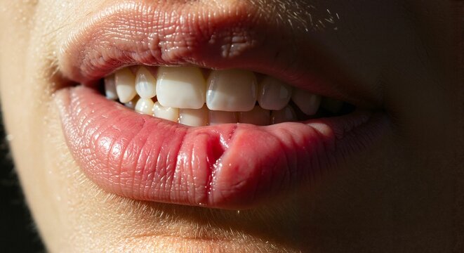 Close-up of lips with inner lip cut and visible teeth  
