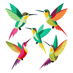 Colorful Geometric Hummingbird Illustration Five stylized hummingbirds with vibrant colors and geometric patterns isolated on a white background showcasing a modern and artistic design aesthetic