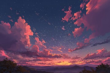 Enchanting twilight skies adorned with stars and a vivid sunset in whimsical anime style for unique and imaginative artwork