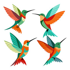 A vibrant illustration showcases four stylized hummingbirds each displaying a unique color palette and wing position against a clean white background creating a cheerful and