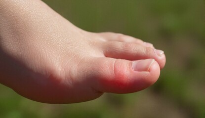 Child's toe with redness and swelling against green background  