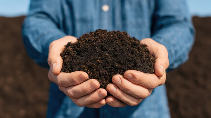Rich dark soil held in hands with blue shirt background, symbolizing warm compost and healthy gardening care