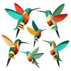 A vibrant and colorful illustration showcasing a collection of stylized hummingbirds in various poses each adorned with unique patterns and a bright cheerful color palette