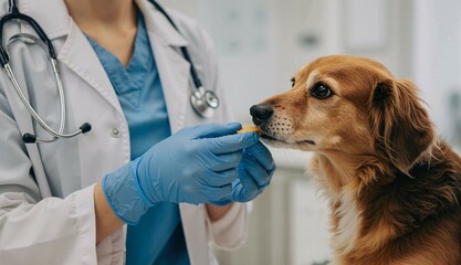 Veterinarian giving treat to dog after examination in clinic  