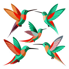 Naklejka premium A Vibrant Collection of Stylized Hummingbirds in Flight A Colorful and Energetic Display of Nature s Tiny Jewels Against a Clean White Background Perfect for