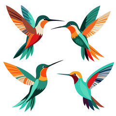 Naklejka premium Colorful Hummingbird Illustration A Vibrant Collection of Four Birds in Flight with Geometric Wing Patterns Perfect for Nature Themed Designs and Artistic Projects on a