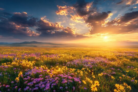 Serene summer landscapes featuring vibrant sunsets and blossoming flowers perfect for travel enthusiasts and nature aficionados