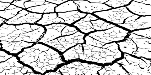 High-contrast cracked earth texture in black and white. Perfect for backgrounds, drought, climate change visuals, or abstract design with broken, fragmented surface patterns.