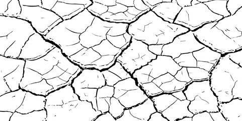 High-contrast cracked earth texture in black and white. Perfect for backgrounds, drought, climate change visuals, or abstract design with broken, fragmented surface patterns.