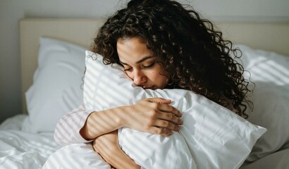 Woman embracing pillow in bed with sunlight streaming through