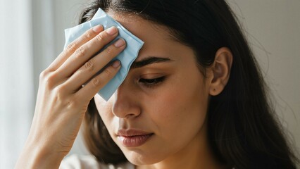 Woman applying cold compress to forehead while showing discomfort  