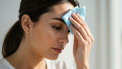 Young woman applying cold compress to forehead indoors  