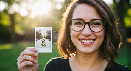Young woman smiling while holding Polaroid photo in sunny park  