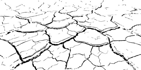 High-contrast cracked earth texture in black and white. Perfect for backgrounds, drought, climate change visuals, or abstract design with broken, fragmented surface patterns.