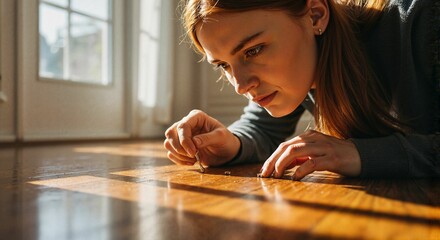 Young woman searching for a dropped earring on wooden floor  