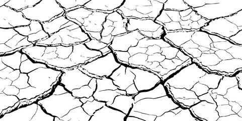 High-contrast cracked earth texture in black and white. Perfect for backgrounds, drought, climate change visuals, or abstract design with broken, fragmented surface patterns.