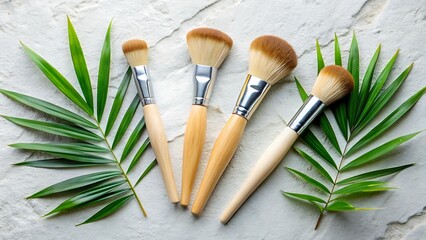 Four makeup brushes with wooden handles are arranged with green palm leaves on a textured white surface