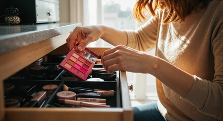 Woman organizing makeup drawer while holding eyeshadow palette  
