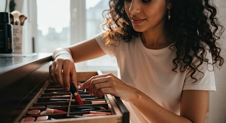 Young woman organizing makeup drawer with lipsticks and brushes  