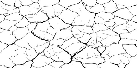 High-contrast cracked earth texture in black and white. Perfect for backgrounds, drought, climate change visuals, or abstract design with broken, fragmented surface patterns.