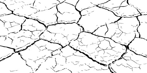 Black and white cracked earth texture, showing dry, broken ground pattern. Ideal for drought, environmental, or natural disaster themes in backgrounds, illustrations, or graphic design.