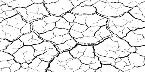 Black and white cracked earth texture, showing dry, broken ground pattern. Ideal for drought, environmental, or natural disaster themes in backgrounds, illustrations, or graphic design.