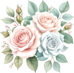 Naklejka premium Subtle watercolor rose arrangement with light pink and blue. Hand-painted pastel roses, leaves in soft shades. Elegant watercolor rose. Softly painted pink and blue roses in tender floral arrangement
