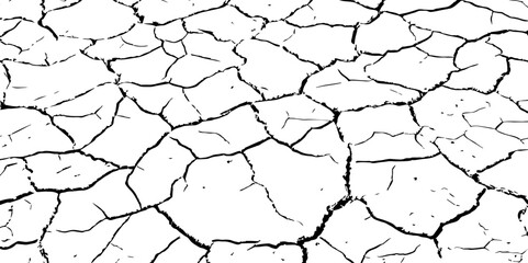 Black and white cracked earth texture, showing dry, broken ground pattern. Ideal for drought, environmental, or natural disaster themes in backgrounds, illustrations, or graphic design.