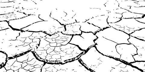 Black and white cracked earth texture, showing dry, broken ground pattern. Ideal for drought, environmental, or natural disaster themes in backgrounds, illustrations, or graphic design.