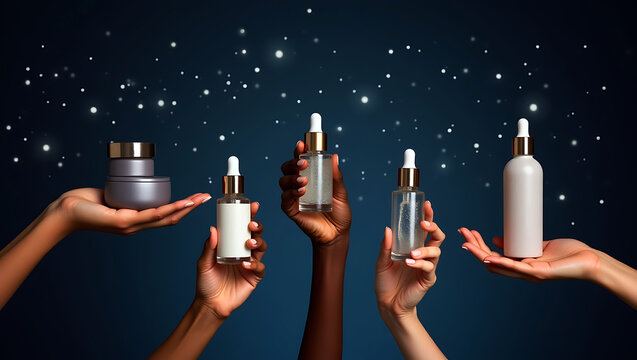 Diverse hands hold various skincare products including serums and creams against a dark blue background with sparkling lights