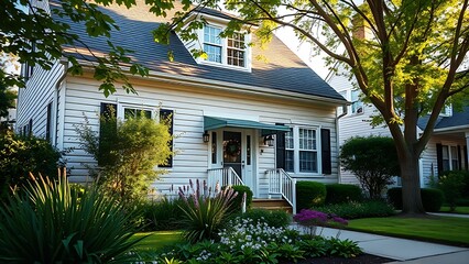 Fototapeta premium Charming suburban home with a well-kept front garden, basking in the warm glow of afternoon sunlight.