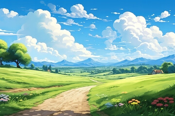 Obraz premium Sunny Summer Landscape with Green Grass and Scenic Roads