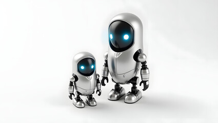 3D-rendered robot matryoshka made of metal with glowing details and LED eyes. Futuristic yet traditional shape, isolated on white background.