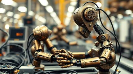 Bronze robotic arms assemble machinery.