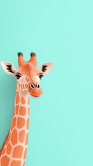 Giraffe with a friendly expression, with large, expressive eyes and a gentle demeanor isolated on green background. Copy space, 9x16
