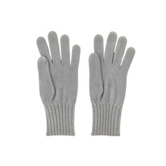 Pair of Grey Knitted Wool Gloves with Ribbed Cuffs on Isolated transparent background.