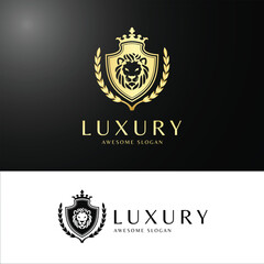 Luxury Lion Crest Logo with Golden Shield, Crown, and Laurel Wreath
