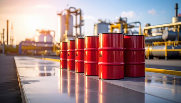 Oil Barrels at Refinery: A row of vibrant red oil barrels stands prominently against a backdrop of industrial infrastructure. The scene, captured under a warm sky, evokes images of industry, energy.