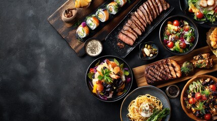 Assorted gourmet food platters on dark surface.  Various dishes, including sushi, grilled steak, salads, pasta, and appetizers, are arranged on dark wooden platters and bowls